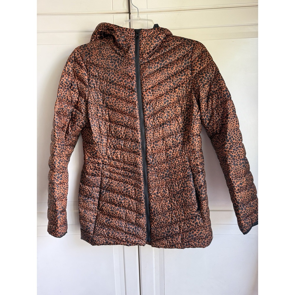 Land's End Down Fill Puffer Jacket Burnt Orange Leopard Womens XS‎ 2-4 Coat